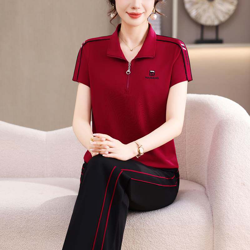 专柜品牌休闲运动套装女短袖长裤两件套时尚洋气中老年妈妈装冰丝