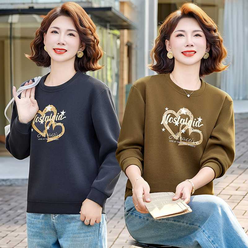 专柜妈妈套头圆领卫衣春秋装新款中老年女士长袖T恤简约休闲打底