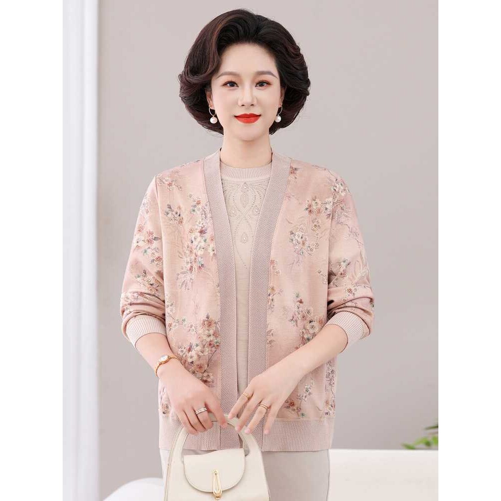 专柜妈妈装2026秋季针织开衫两件套中老年女装印花宽松休闲套装上