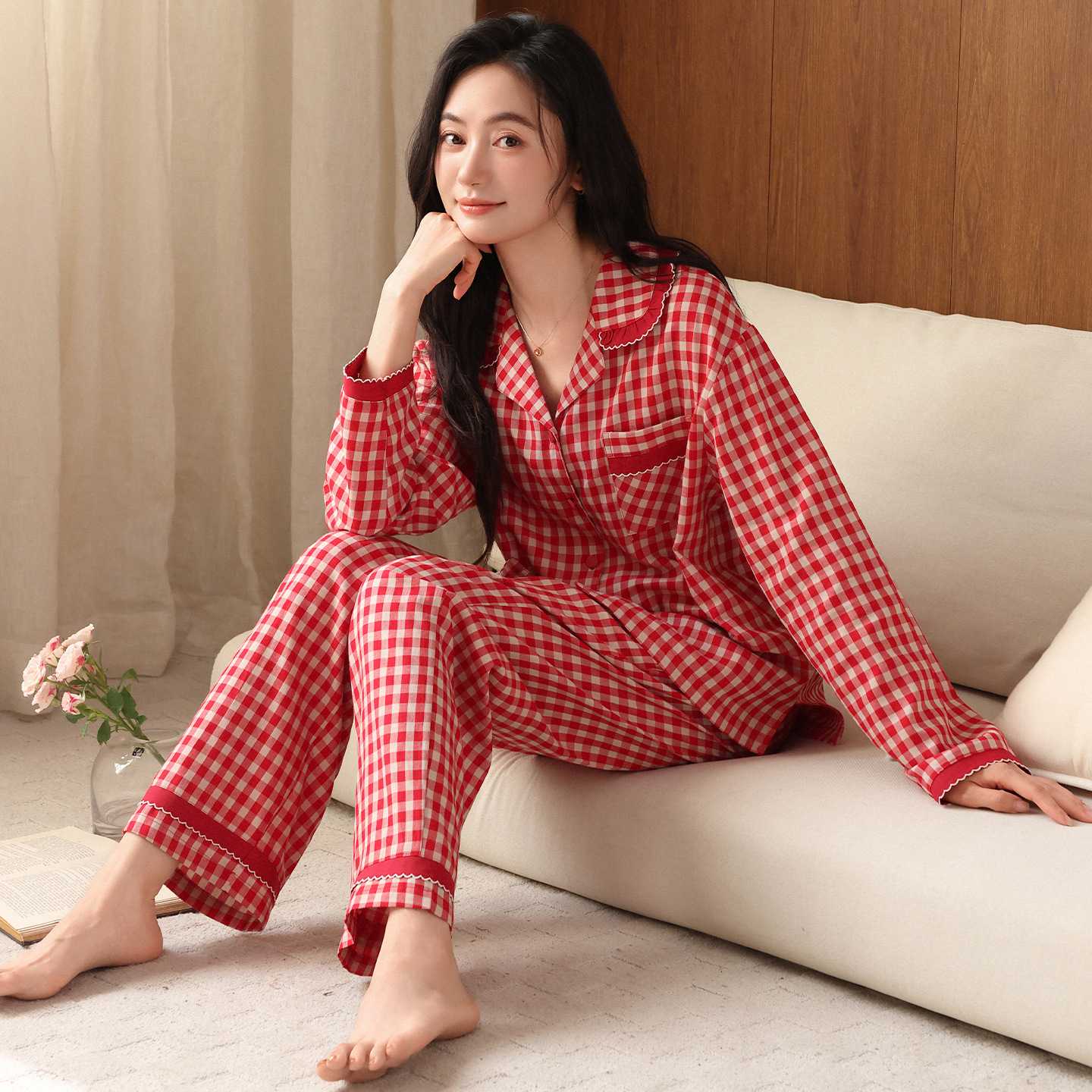 专柜梭织棉纱布睡衣女士春秋款纯棉长袖红色格子本命年全棉家居服