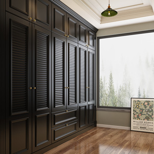 美式家具黑色复古实木大衣柜衣橱卧室衣柜五门六门衣柜带顶柜