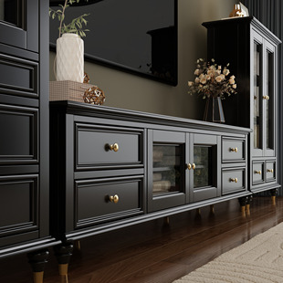 美式 家具复古黑色实木电视柜茶几组合2.0米2.2米实木电视柜