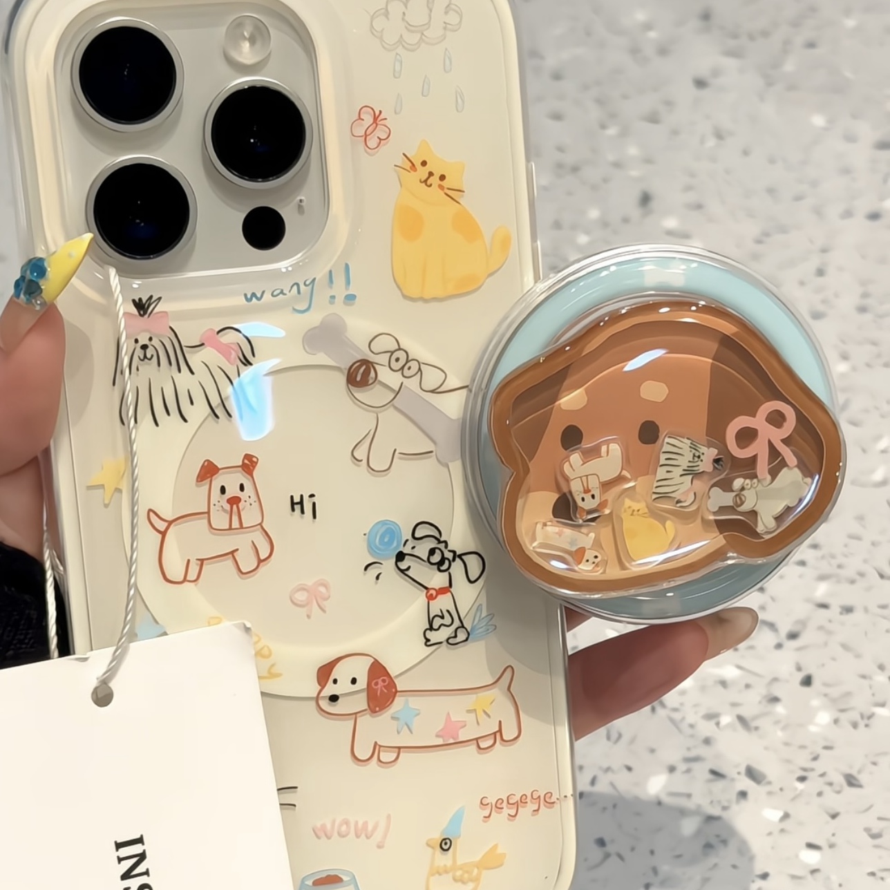 趣味彩色线条猫咪小狗摇摇乐支架适用iphone16promax苹果15手机壳