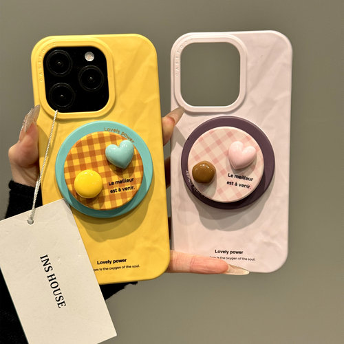 简约格纹爱心磁吸支架适用iphone16proma苹果15pro手机保护壳14pr