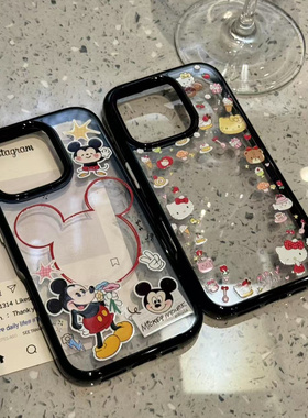 卡通可爱黑框鲜花米奇适用iphone16promax苹果15pr手机壳14新款13