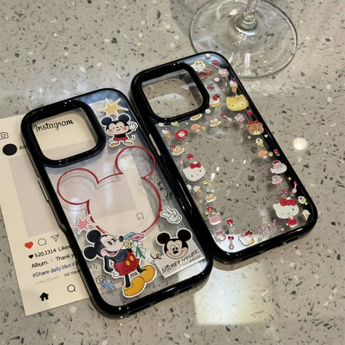 卡通可爱黑框鲜花米奇适用iphone16promax苹果15pr手机壳14新款13