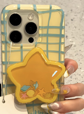 蓝格纹星星摇摇乐支架适用ihone17promax苹果16pro手机壳14新款13