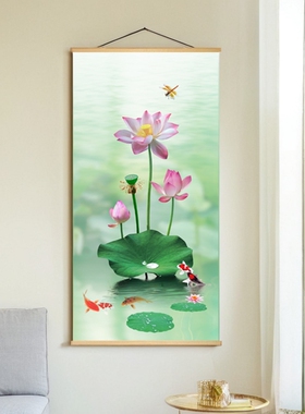 新款现代简约风装饰画客厅玄关卧室挂画走廊荷花莲花卷轴布艺画