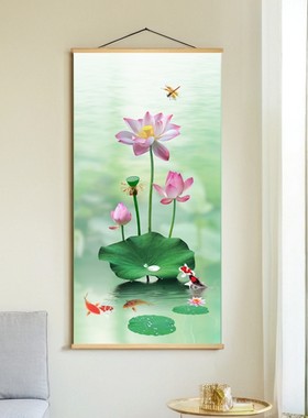 新款现代简约风装饰画客厅玄关卧室挂画走廊荷花莲花卷轴布艺画