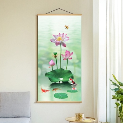 新款现代简约风装饰画客厅玄关卧室挂画走廊荷花莲花卷轴布艺画