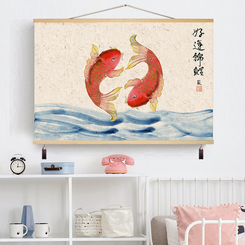 新中式锦鲤年年有余餐厅装饰画沙发背景墙画书房中国风布艺挂画图片