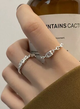 闪闪亮钻链条纹925纯银戒指