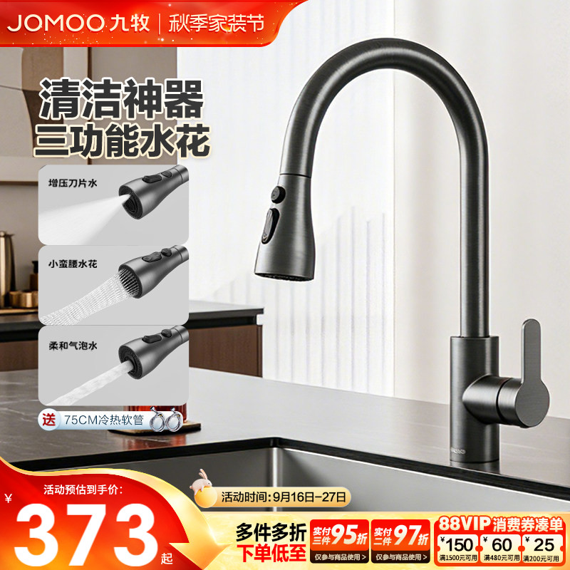 【政府补贴】九牧厨房冷热水龙头抽拉式枪灰家用冷热菜盆水槽防溅