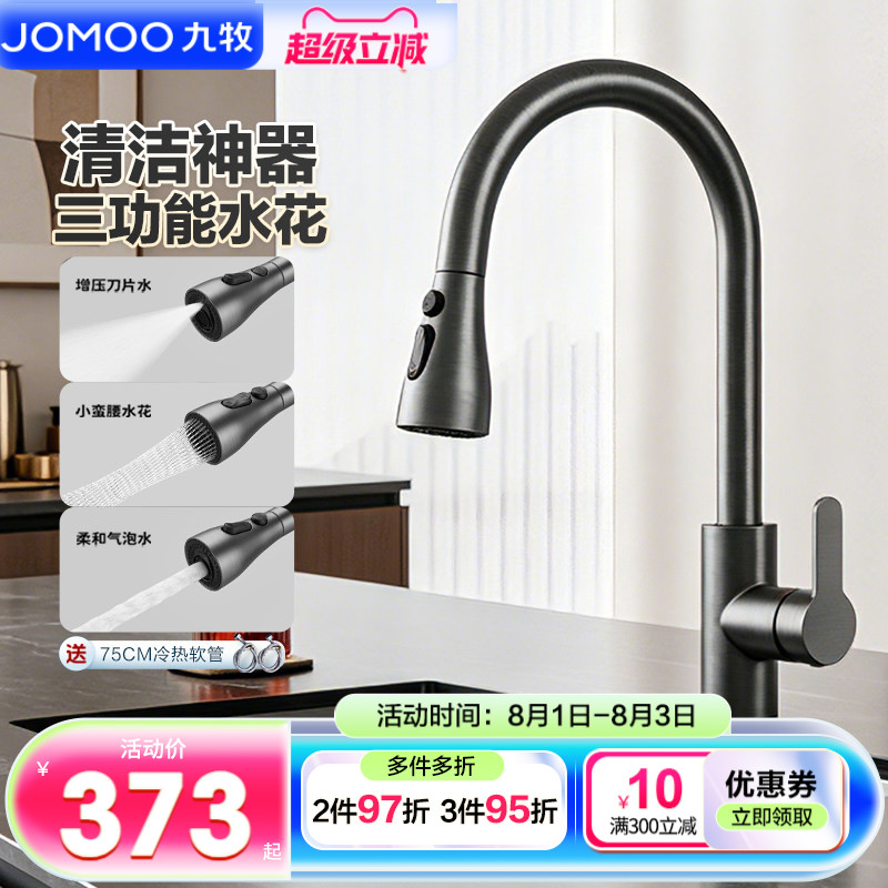 【政府补贴】九牧厨房冷热水龙头抽拉式枪灰家用冷热菜盆水槽防溅