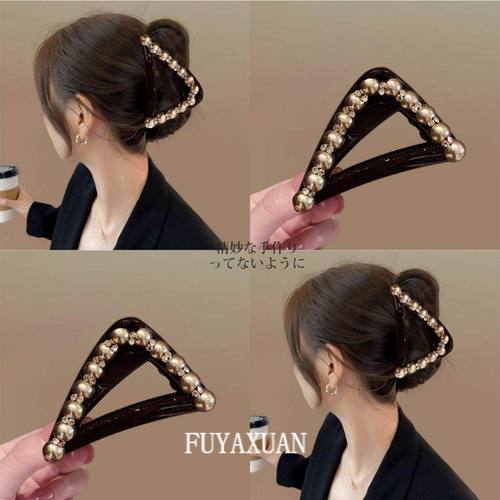 氛围感！珍珠璀璨立体高端抓夹精致工艺气质发抓鲨鱼夹半扎发夹