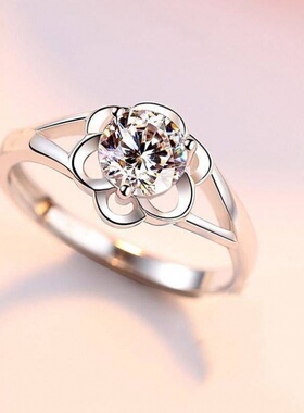 直播货源花朵一克拉钻戒女时尚简约六爪开口指环玫瑰花形锆石戒指