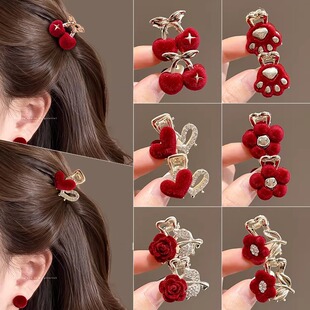 红色丝绒发夹女公主头抓夹半扎发小夹子侧边刘海夹迷你鲨鱼夹头饰