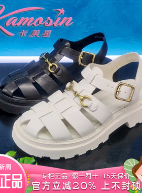 正品卡美星女鞋2021夏新款牛皮镂空编织罗马低跟凉鞋KJN12L08H02