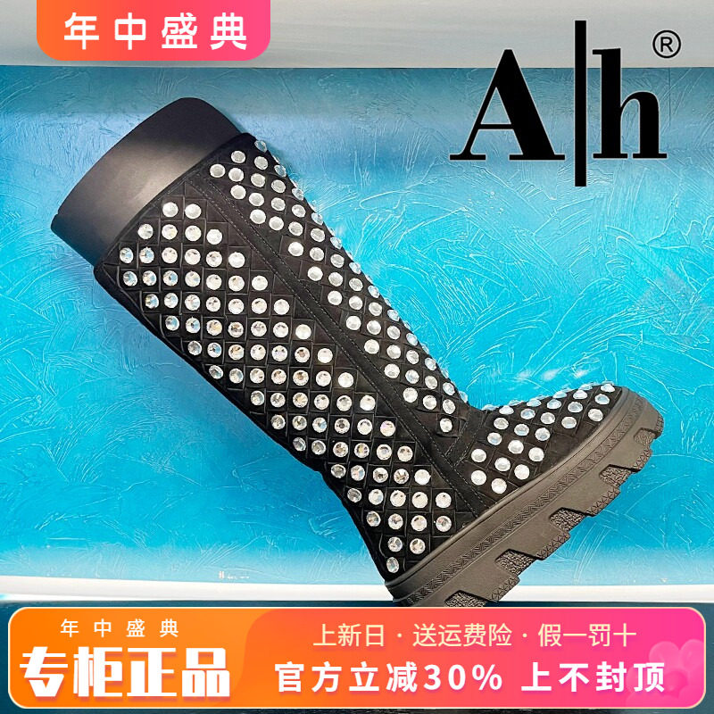 正品AH女鞋2025冬新款圆头休闲羊皮真毛里雪地靴高靴AYH53M70052