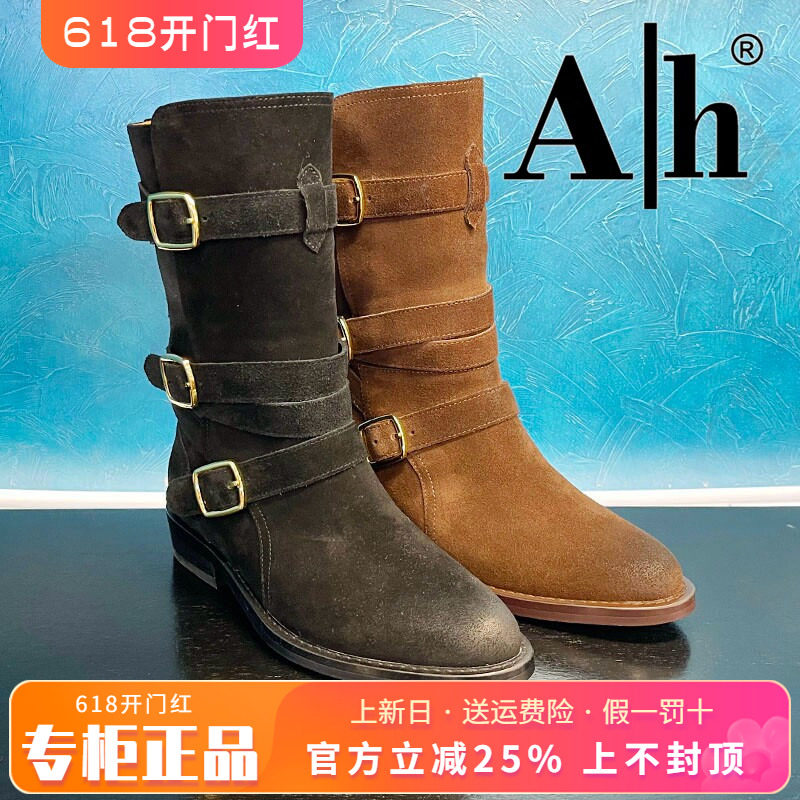 正品Ah女鞋热销冬季新款牛皮舒适圆头粗跟时装靴中鞋ANS44D13901