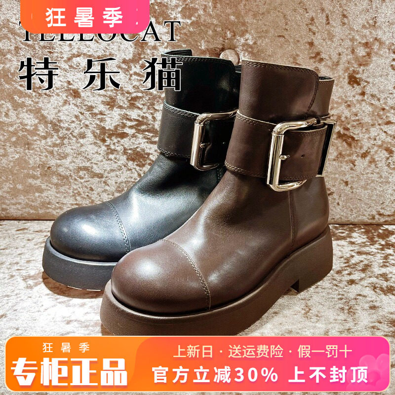 小牛皮女靴粗跟短靴特乐猫