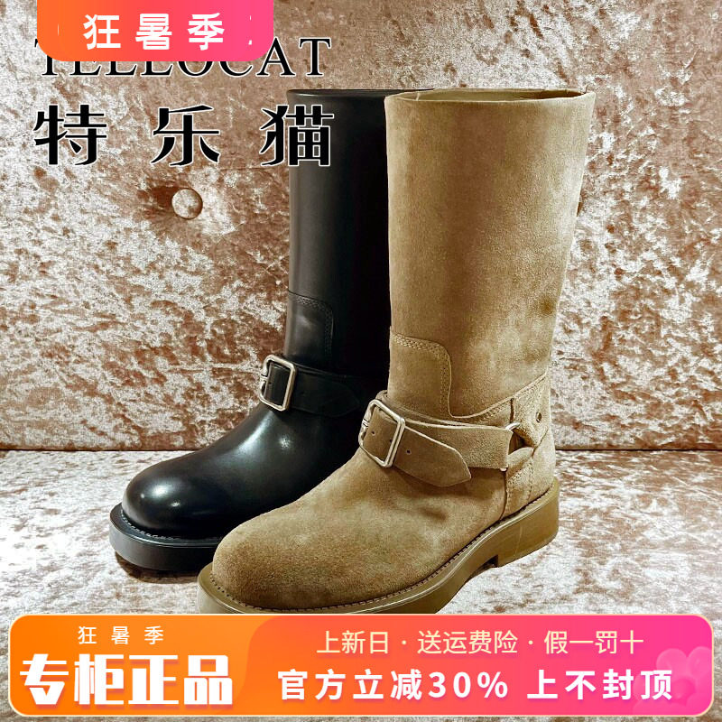 正品TELLOCAT特乐猫女靴热销冬款圆头粗跟牛皮中筒靴TAZ43D42701