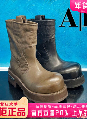 正品Ah女鞋2025冬季新款时尚牛皮圆头粗跟时装靴中靴ANS53D62601