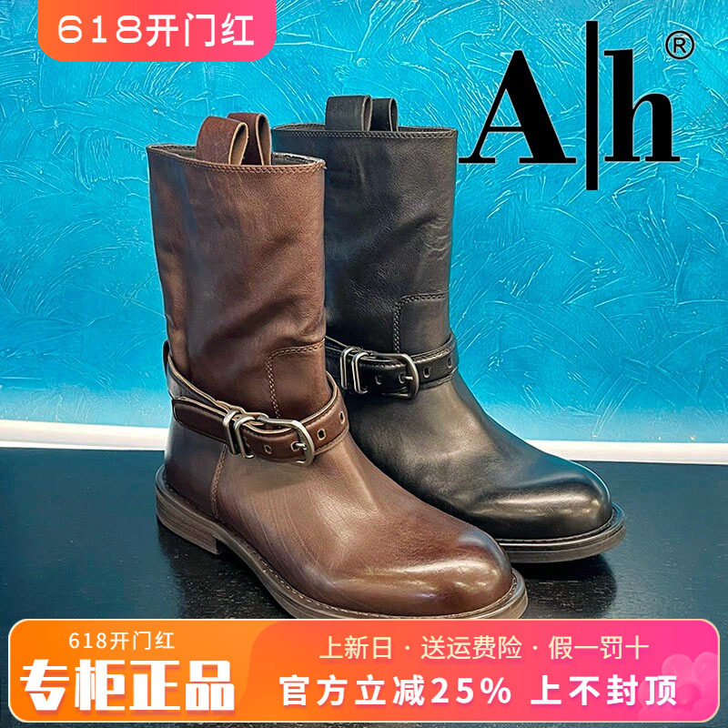正品Ah女鞋2025冬季新款时尚牛皮圆头粗跟时装靴中靴ANS53D62906