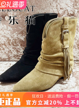 正品TELLOCAT特乐猫女靴热销秋新款粗跟牛皮尖头短靴TBS43D66020
