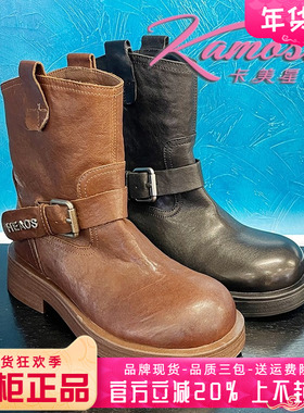 正品卡美星女鞋热销冬新款圆头牛皮中跟粗跟中筒靴KHB44R68903