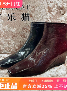 正品TELLOCAT特乐猫2025冬新款中跟坡跟方头拉链短靴TJH53D57101