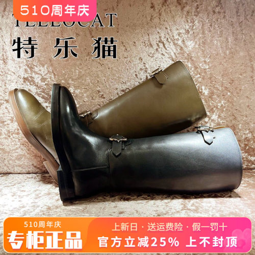 正品TELLOCAT特乐猫女靴热销冬款圆头粗跟牛皮中筒靴TLNS43D08030