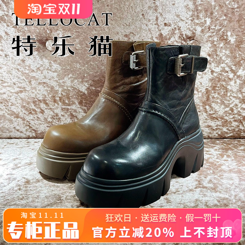 正品TELLOCAT特乐猫2025冬新款牛皮高跟粗跟拉链短靴TXH53D06109