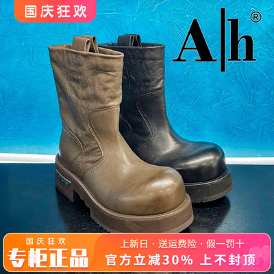 正品Ah女鞋2025冬季新款时尚牛皮圆头粗跟时装靴中靴ANS53D62601