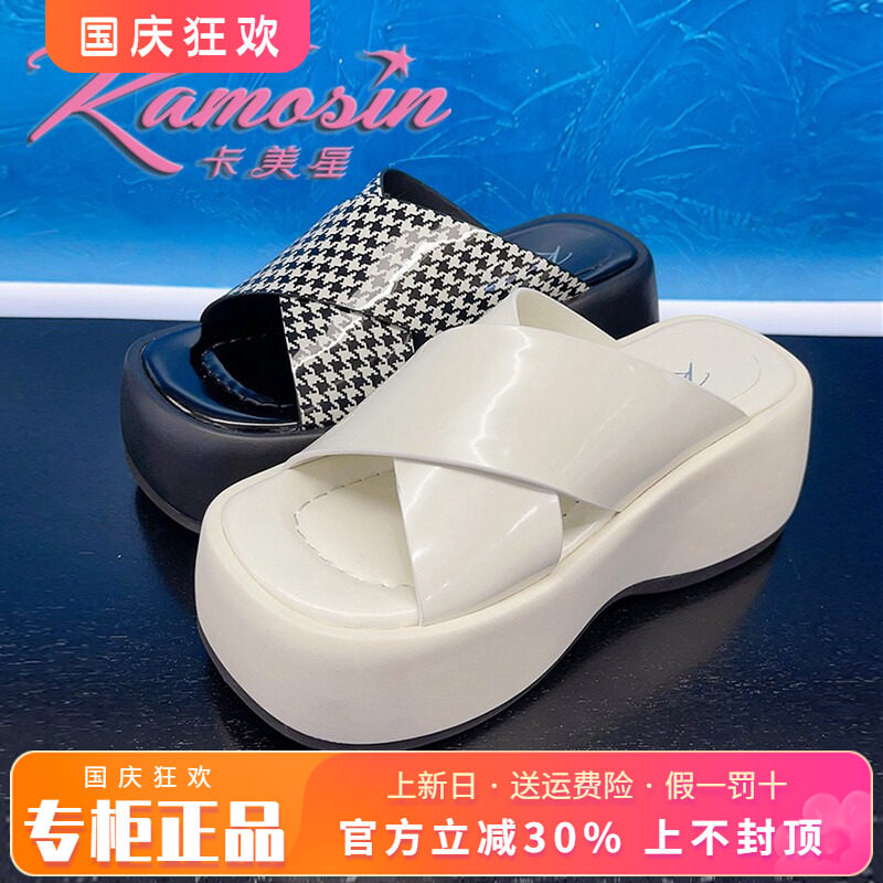 正品卡美星女鞋促销夏季新款牛皮时尚厚底外穿凉拖鞋KDW22L06010