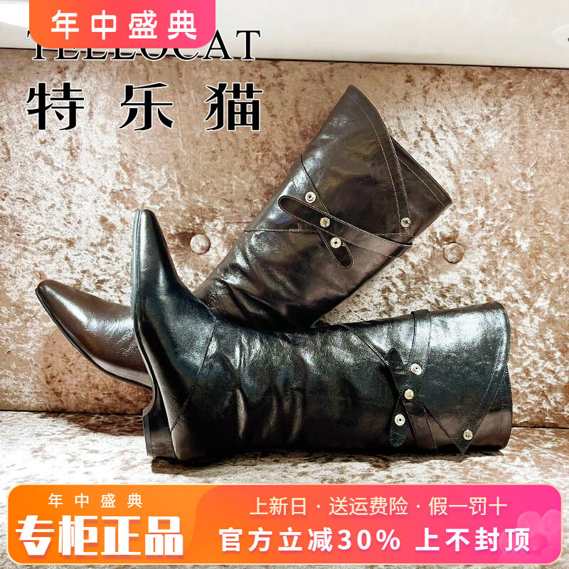 正品TELLOCAT特乐猫2025冬新款牛皮圆头中跟粗跟长靴THD54R60601