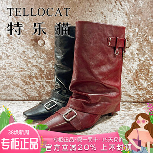 正品TELLOCAT特乐猫2025冬新款牛皮方头高跟粗跟中靴TBS53D35605