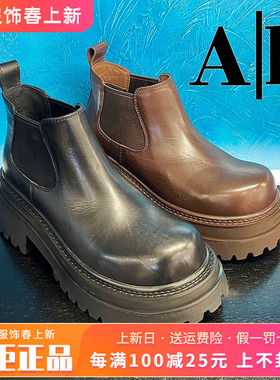 正品Ah女鞋热销冬季新款时尚牛皮圆头粗跟时装靴短鞋AHLX43D66803