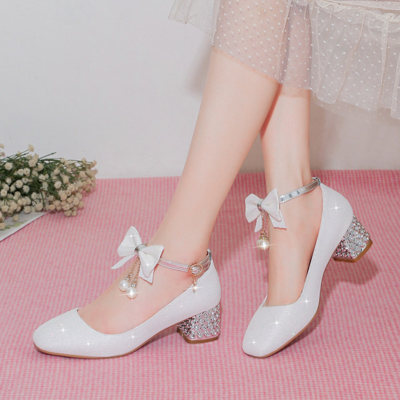 女童公主白色皮鞋儿童高跟鞋2023春秋小女孩演出单鞋中大童水晶鞋