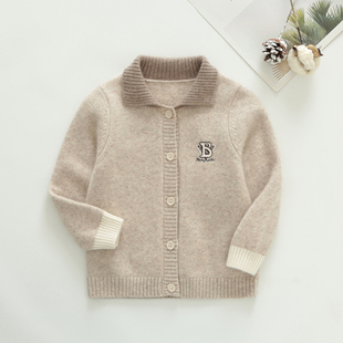 纯羊绒秋冬毛衣男童翻领开衫儿童羊绒衫驼色B标单排扣针织外套