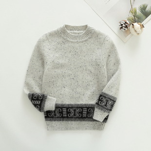 洪叶云台纯羊绒花线男童羊绒杉浅灰儿童羊毛衫毛衣半高领黑色印花