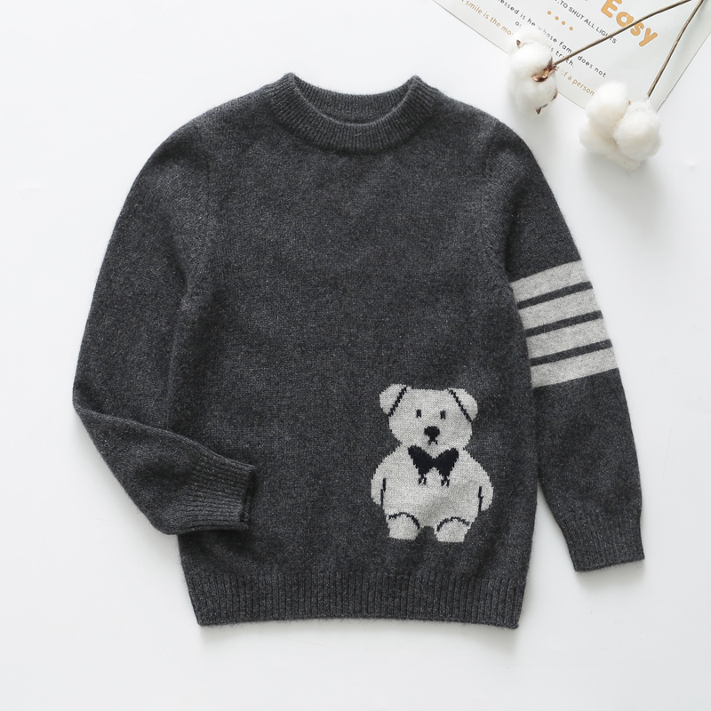 新款卡通童装羊毛衫男童羊绒毛衣圆领深灰色四条杆小熊冬季儿童