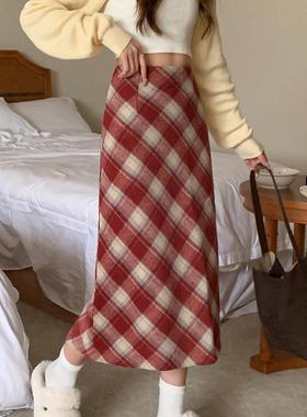 毛呢格子半身裙女秋冬大码胖mm高腰显瘦遮肚子中长款包臀a字裙子
