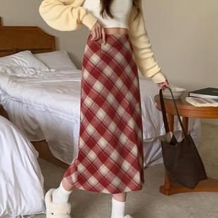 毛呢格子半身裙女秋冬大码 包臀a字裙子 胖mm高腰显瘦遮肚子中长款