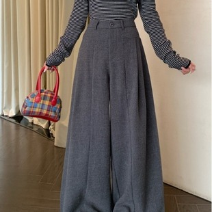宽松阔腿裤 胖mm加厚直筒裤 拖地裤 毛呢西装 垂感休闲裤 裤 女秋冬大码