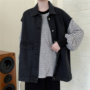 牛仔马甲女复古宽松无袖 春秋韩版 工装 胖mm中长款 坎肩马夹外套 大码