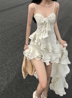 小碎花吊带裙女带胸垫连衣裙夏季大码胖mm设计感不规则叠穿长裙子