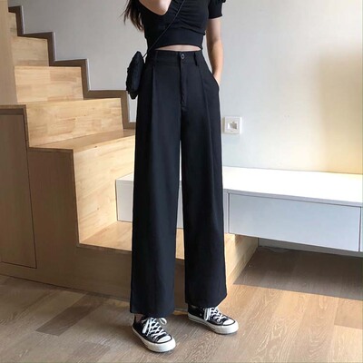 春秋2021大码胖mm垂感阔腿西装休闲裤女宽松高腰显瘦直筒九分裤子