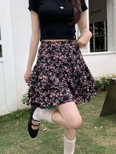 甜美小碎花短裙女夏季大码胖mm防走光松紧高腰宽松雪纺A字半身裙