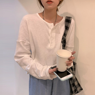 胖mm宽松百搭上衣内搭打底衫 大码 ins潮 开领T恤女2021春秋新款 长袖